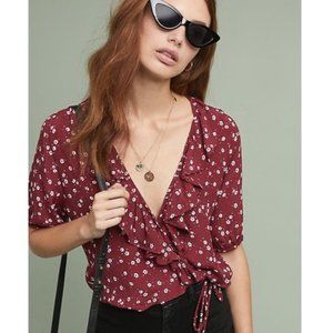 Faithfull The Brand Tess burgundy floral wrap top